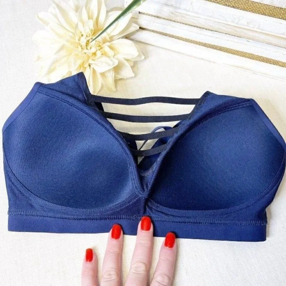 Victoria Secret Navy Leopard Plunge Strappy Sports Bra 32D